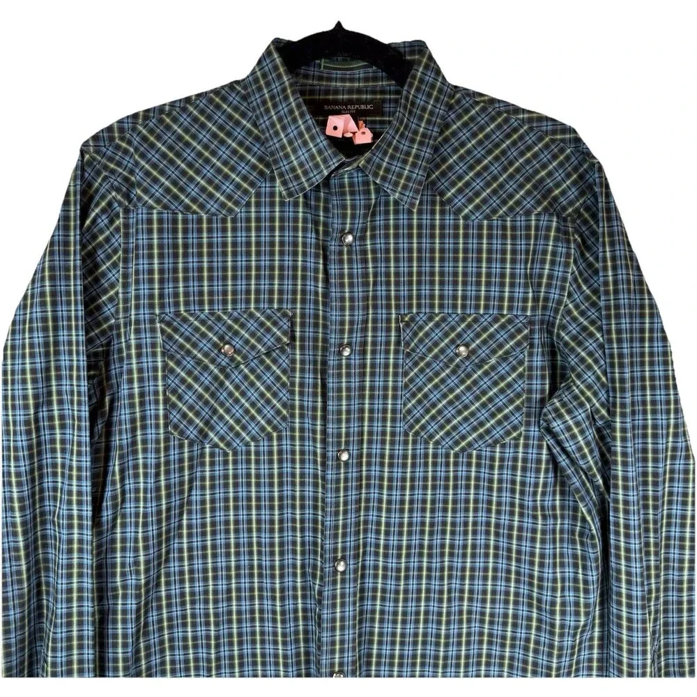 BANANA REPUBLIC‎ Shirt Slim Mens Size Medium Western Pearl Snap Green Blue Rodeo
